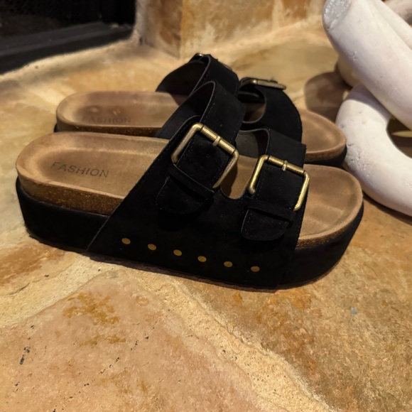 Shoes - Black Platform Sandals with Gold Buckles